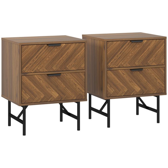HERON Bedside Table Set of 2 2 Drawers Herringbone Pattern Metal Legs - Walnut Brown