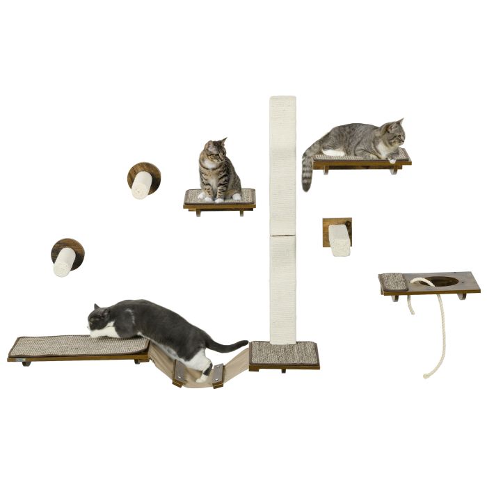 8Pcs Wall Mounted Cat Tree with Scratching Posts, Perches, Ladder, for Sleeping, Playing, Lounging, Brown