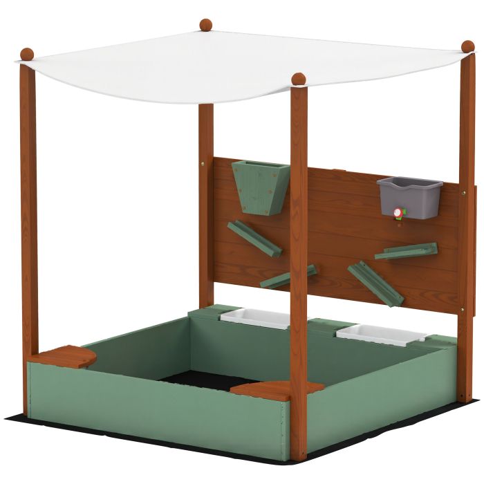 AIVAGO Wood Sandpit with Canopy, Storage Bins, Funnel, Liner, Chutes, Bucket with Tap, 116 x 112.5 x 128 cm, Green