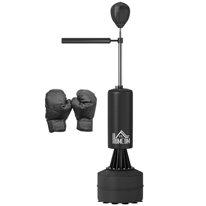 HERON 155-205cm 3-IN-1 Freestanding Boxing Punching Bag Stand, Boxing Speed Trainer with Rotating Flexible Arm, Speed Ball, Fillable Base, Black