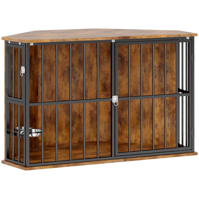 PAWSTER Corner Dog Crate Furniture with 2 Bowls, Lockable Doors, for Small Medium Dogs, Rustic Brown