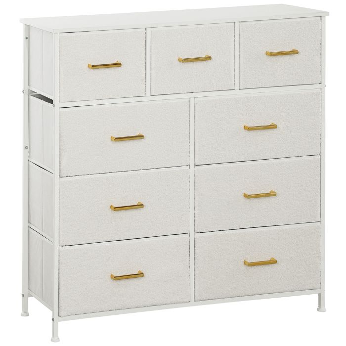 YENZA White Chest of Drawers - Medium-sized, 9 Drawers, Double, Gold Handles, Fabric Drawers