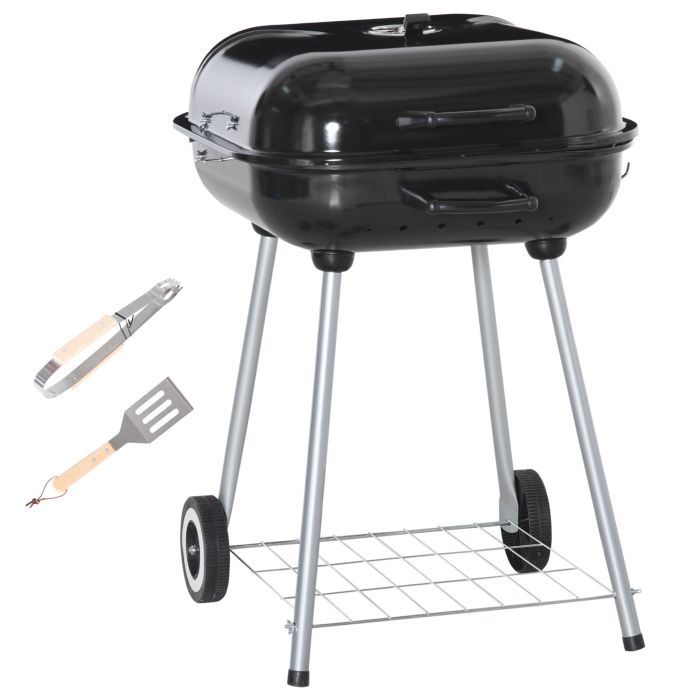 SUNVISTA Portable BBQ Charcoal Grill with 2 Wheels and Cooking Utensils, Smoker Grill with Lid for Outdoor Barbecues, Camping, Picnic, Courtyard