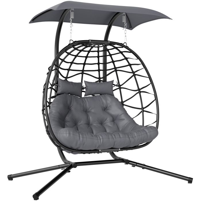 SUNVISTA Double Hanging Egg Chair with Canopy, 260kg Capacity, Cushion & Stand, Black