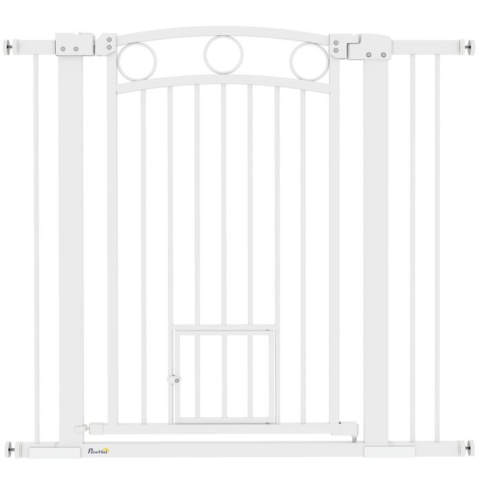 PAWSTER 96cm Tall Dog Gate with Cat Door, 7cm and 14cm Extensions, for Stairs, Doorways, 76-104cm Width
