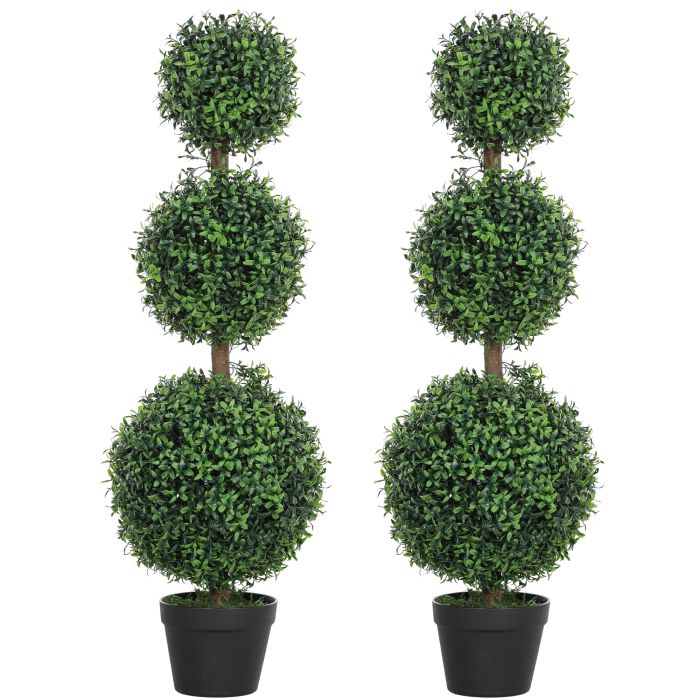 HERON Set of 2 Decorative Artificial Plants, Topiary Ball-shaped Boxwood Trees in Pot, Fake Plants for Home Indoor outdoor Decor, 100cm, Green
