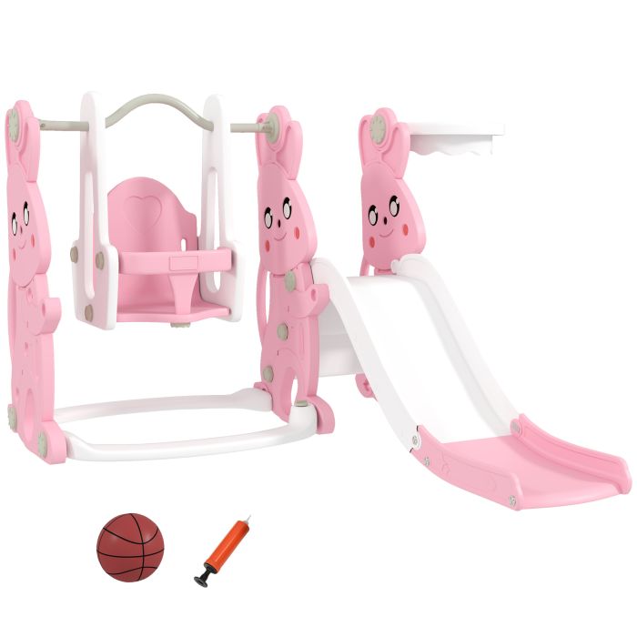 AIVAGO 4 in 1 Kids Slide and Swing Set with Climber, Basketball Hoop, Rabbit-Themed, Pink