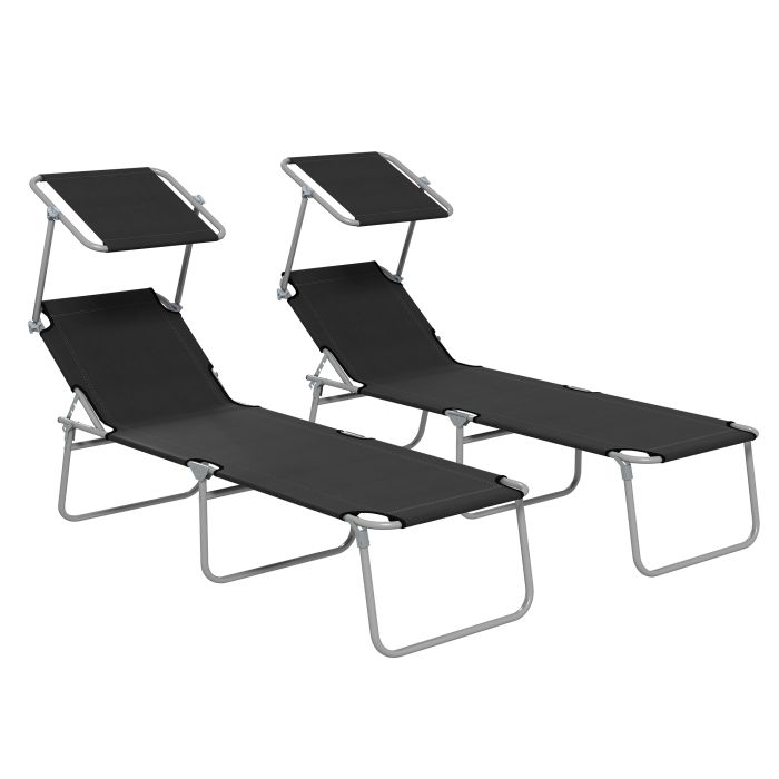 SUNVISTA Foldable Sun Lounger Set of 2 with Sun Shade & Adjustable Backrest - Black