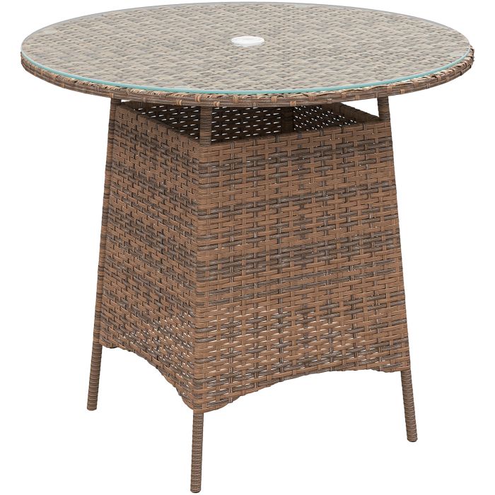 SUNVISTA Wicker Garden Rattan Table, Patio Furniture Outdoor Coffee Table with Umbrella Hole and Tempered Glass Top, Brown