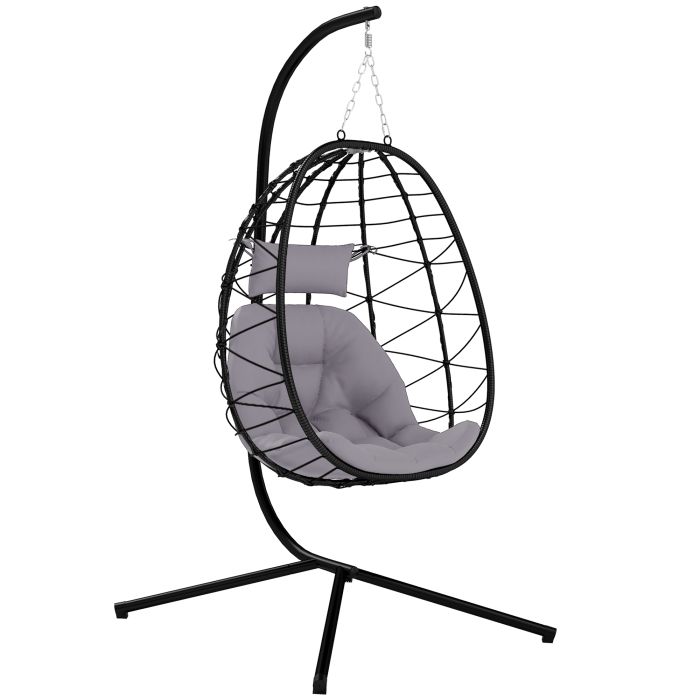 SUNVISTA Hanging Egg Chair Outdoor Indoor Garden Swing Chair with Folding Basket, Thickened Cushion, Garden Hanging Chair with Stand, Grey