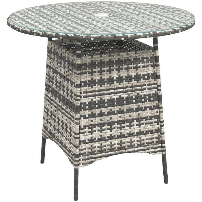 SUNVISTA Wicker Garden Rattan Table, Patio Furniture Outdoor Coffee Table with Umbrella Hole and Tempered Glass Top, Grey