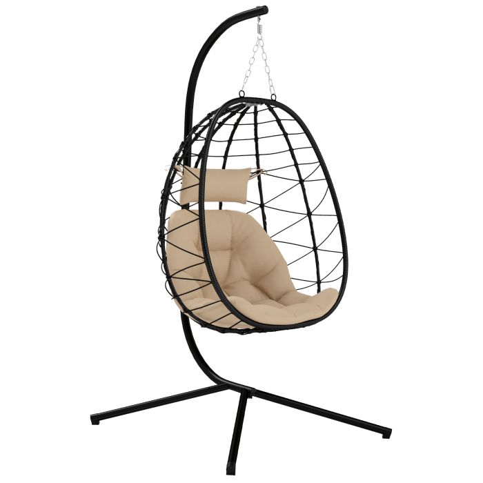 SUNVISTA Hanging Egg Chair Outdoor Indoor Garden Swing Chair with Folding Basket, Thickened Cushion, Garden Hanging Chair with Stand, Khaki
