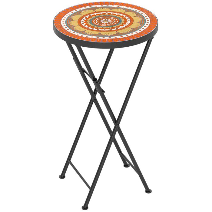 SUNVISTA Mosaic Outdoor Garden Table, 35.5cm Round Folding Coffee Table with Metal Frame for Balcony Terrace, Orange