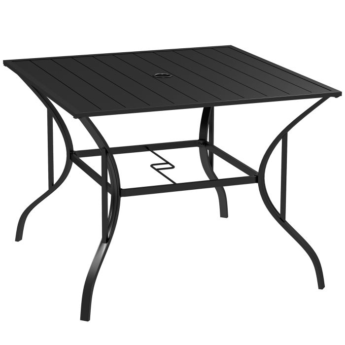 Garden Table with Parasol Hole, Outdoor Dining Garden Table for Four, Square Patio Table with Slatted Metal Plate Top, Black