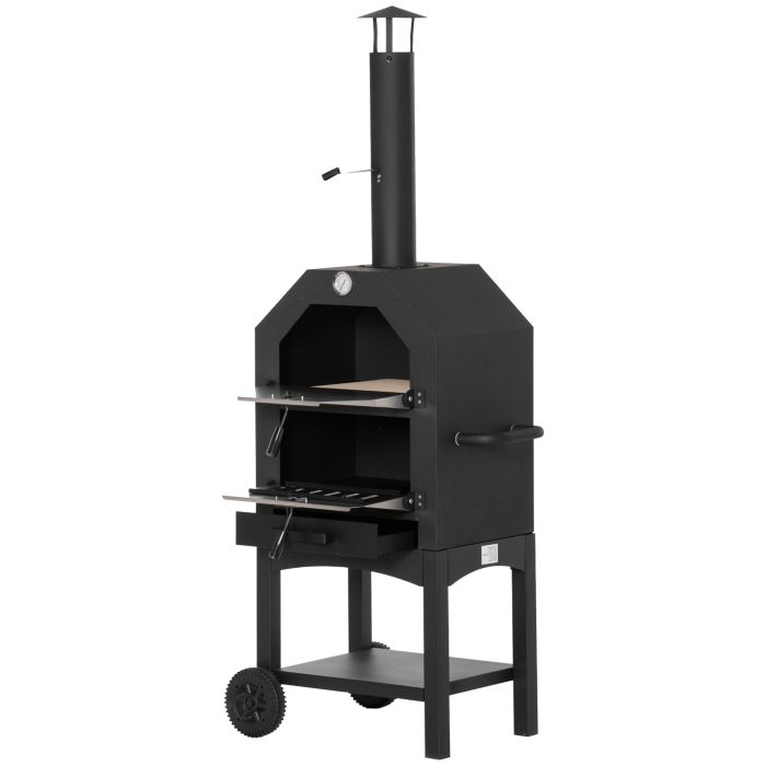 Outdoor Garden Pizza Oven Charcoal BBQ Grill 3-Tier Freestanding w/Chimney, Mesh Shelf, Thermometer Handles, Wheels Garden Party Gathering