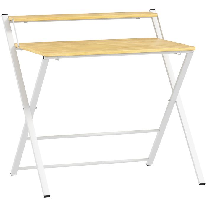 HERON Compact Folding Desk for Small Spaces, Foldable Computer Desk with Storage Shelf for Home Office, Maple Wood-effect
