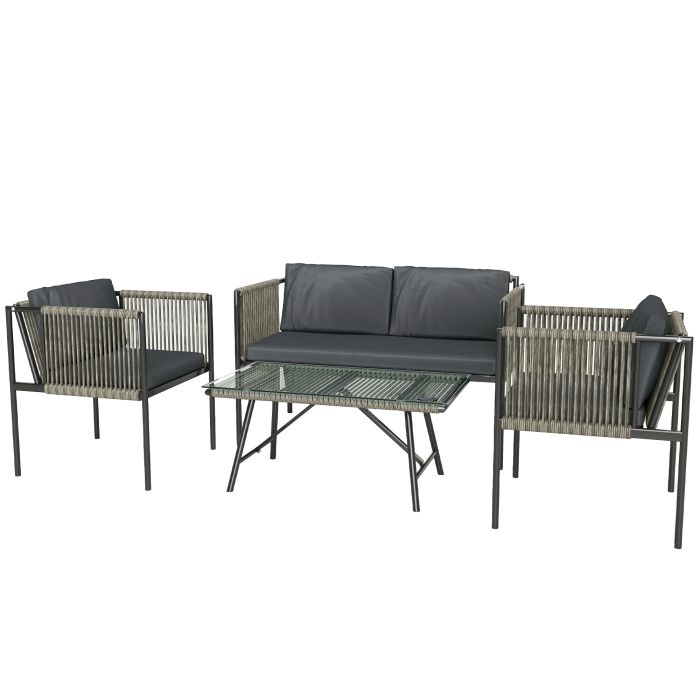 SUNVISTA 4-Piece Rattan Patio Set with Cushions, Loveseat, 2 Armchairs & Glass Coffee Table, Grey