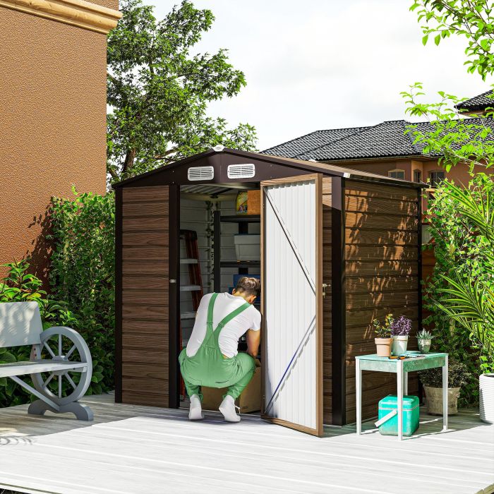 SUNVISTA 4 x 6ft Galvanised Steel Garden Shed, with Lock and Gloves - Oak