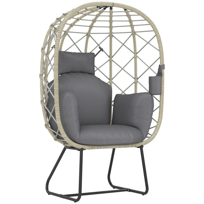 SUNVISTA Rattan Egg Chair Outdoor Indoor Wicker Chair with Thickened Cushion and Headrest, Standing Garden Egg Chair with Cup Holder, Grey