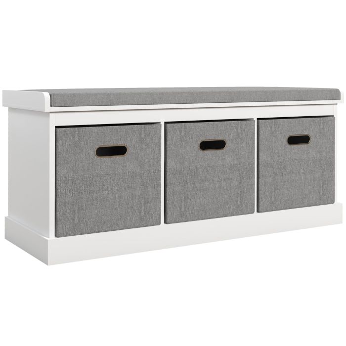 Scott Shoe Storage Bench with Cushion and 3 Fabric Drawers - White
