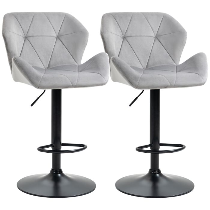 Bar Stools Set Of 2 Luxurious Velvet-Touch Barstools w/ Metal Frame Footrest Round Base Triangle Indenting Moulded Seat Adjustable Height Grey