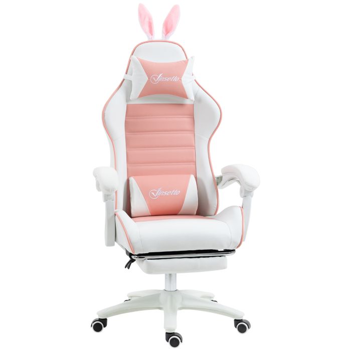 Racing Gaming Chair, Reclining PU Leather Computer Chair with Removable Rabbit Ears, Footrest, Headrest and Lumber Support, Pink