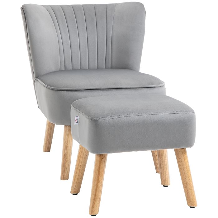 Velvet Accent Chair Occasional Tub Seat Padding Curved Back with Ottoman Wood Frame Legs Home Furniture Light Grey