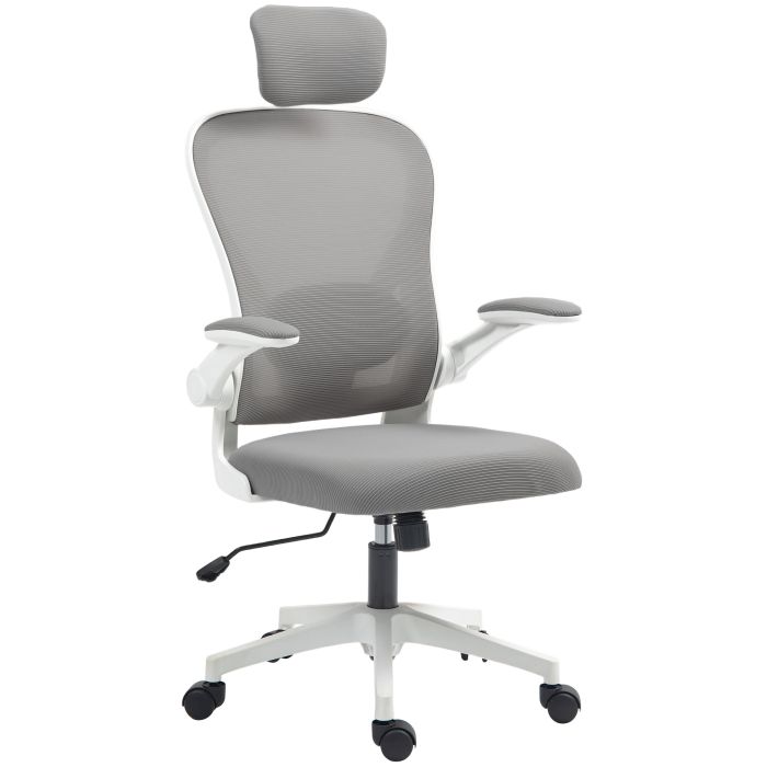HERON Executive Office Chair, Ergonomic Mesh High Back Desk Chair with Flip-up Armrest, Rotatable Headrest, Grey