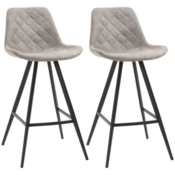 Set Of 2 Bar Stools Vintage Microfiber Cloth Tub Seats Padded Comfortable Steel Frame Footrest Quilted Home Bar Cafe Kitchen Chair Stylish Grey