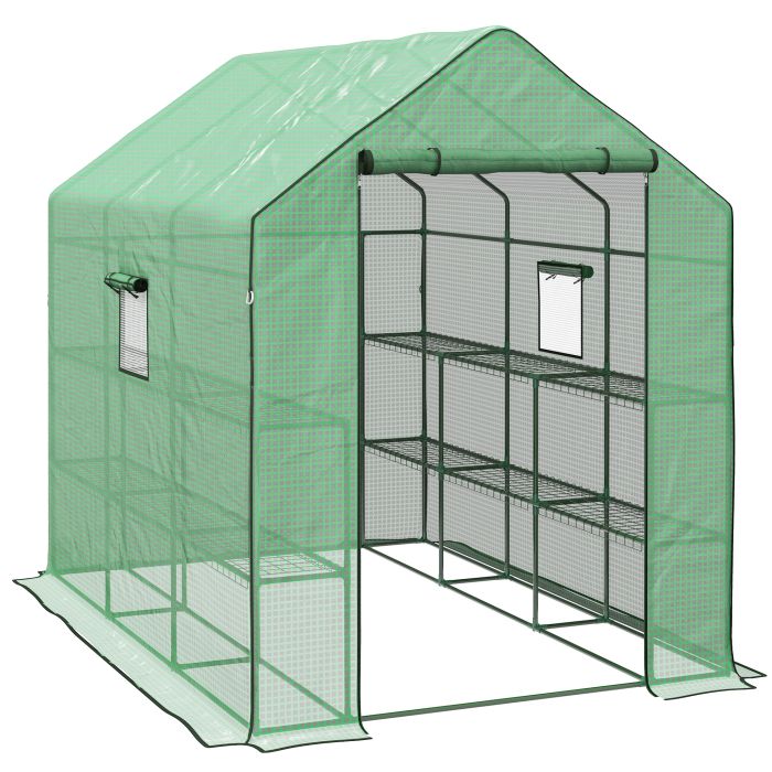 Walk-in Greenhouse w/ 3 Tier Shelves, Green House Garden Grow House w/ PE Cover, Roll-up Door, Mesh Windows, 140 x 213 x 190cm, Green