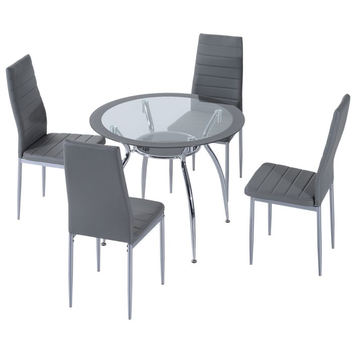 Scott Round Dining Table Set for 4 with Glass-Top Table - Grey