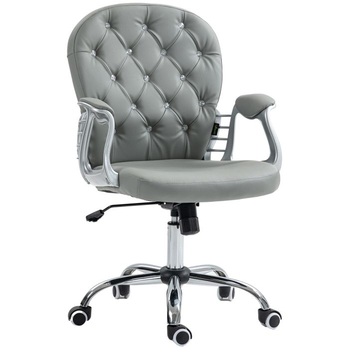 Preston Computer Desk Chair 360 Swivel PU Diamante Padded - Grey