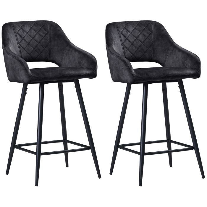 Scott Set of 2 Velvet-Feel Bar Stools with High Backs - Grey