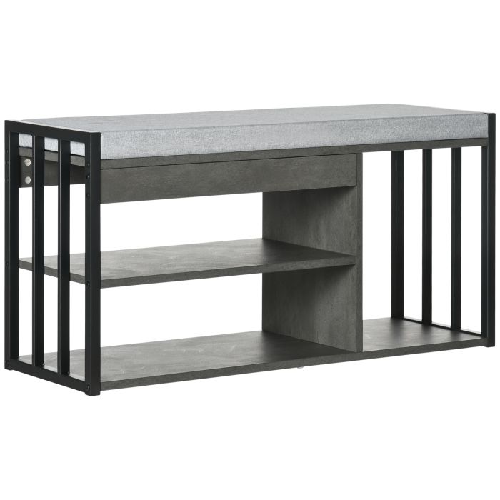 Shoe Storage with Seat, Upholstered Entryway Bench, Shoe Bench with 3 Open Shelves for Hallway, Grey