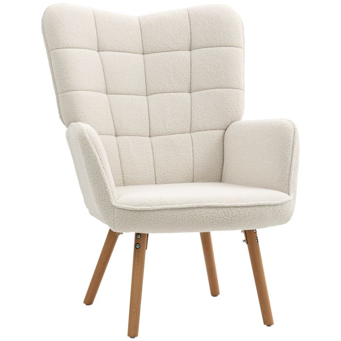 HERON Tufted Wingback Armchair, Teddy Fleece Accent Chair with Wood Legs, Cream White