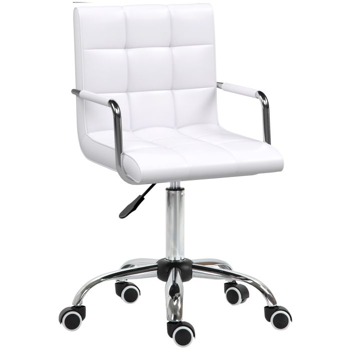 Mid Back PU Leather Home Office Desk Chair Swivel Computer Chair with Arm, Wheels, Adjustable Height, White