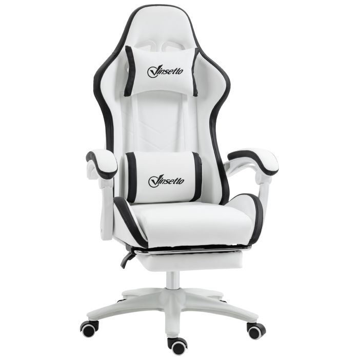 Racing Gaming Chair, Reclining PU Leather Computer Chair with 360 Degree Swivel Seat, Footrest, Removable Headrest White and Black