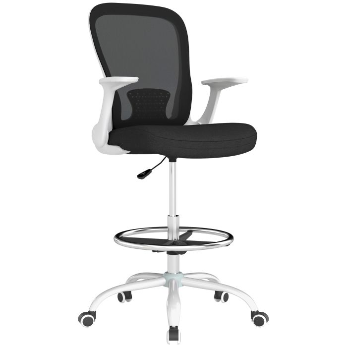 HERON Draughtsman Chair, Mesh Drafting Chair, Ergonomic Office Chair with Flip-up Armrest, Adjustable Foot Ring, Black White