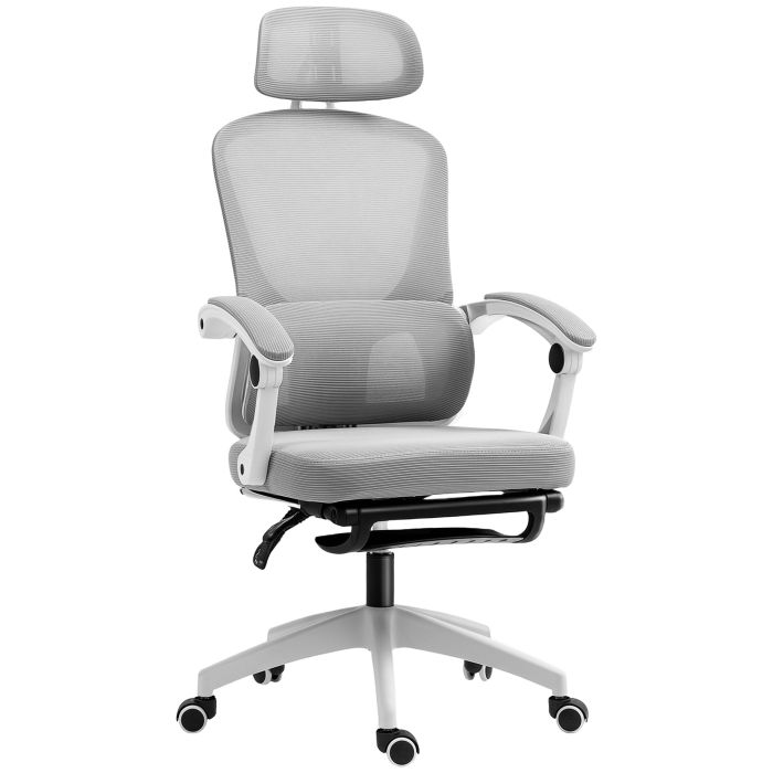 HERON Ergonomic Mesh Office Chair, Reclining Swivel Desk Chair with Lumbar Support, Footrest & Headrest, Grey