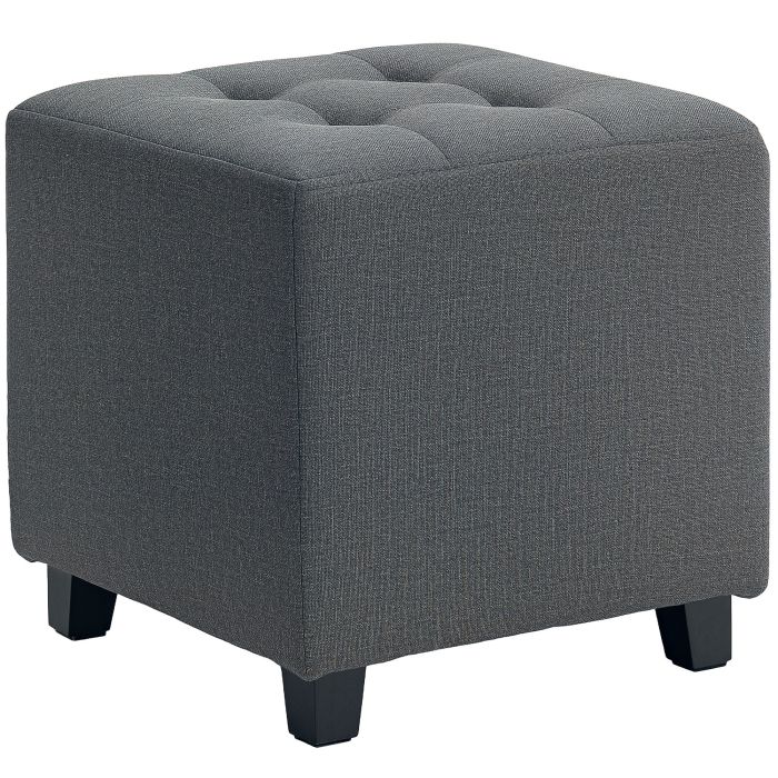 HERON Square Footstool, Small Ottoman with Side Pocket, Linen Fabric Footrest Foot Stool with Rubber Wood Legs, Grey