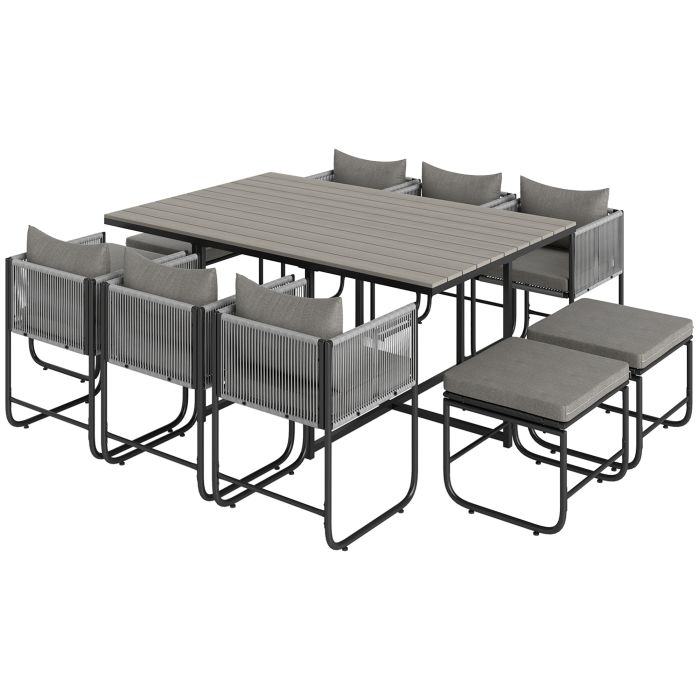 SUNVISTA 10-Seater Rattan Cube Dining Set, Outdoor Furniture with Cushions & Wood Grain Table, Grey