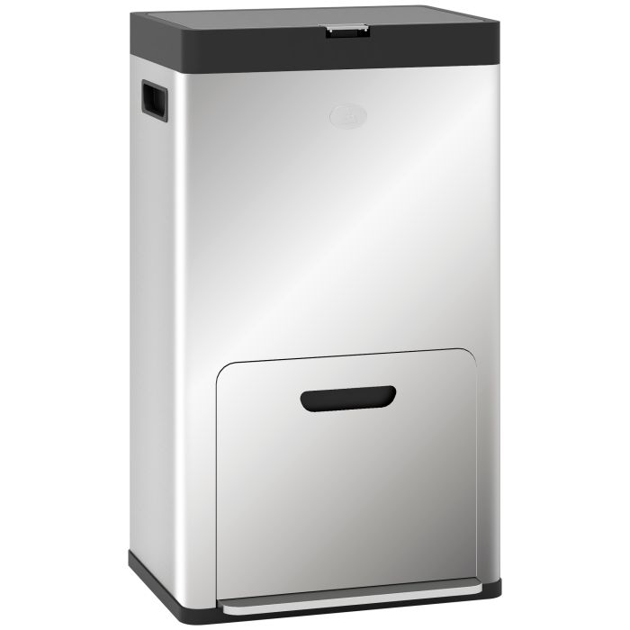 HERON 56L Triple Compartment Stainless Steel Kitchen Bin, with Deodoriser Holders and Wheels - Silver Tone
