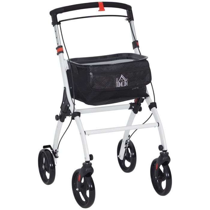 HERON Folding Upright Rollator Walker with Lightweight Walking Frame, Storage Bag, Tray, Dual Brakes, White