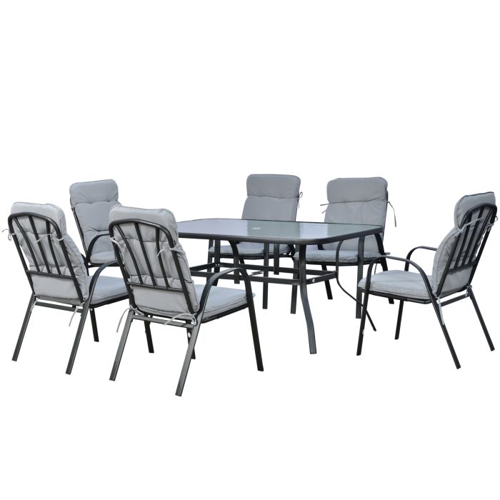 7Pieces Garden Dining Set, Outdoor Dining Table and 6 Cushioned Armchairs, Tempered Glass Top Table w/ Umbrella Hole, Texteline Seats, Black