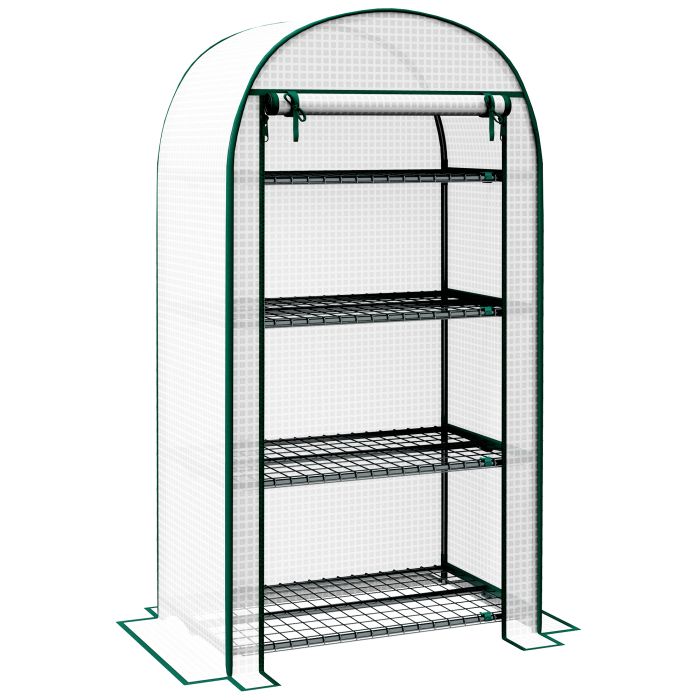 80 x 49 x 160cm Mini Greenhouse for Outdoor, Portable Gardening Plant Green House with Storage Shelf, Roll-Up Zippered Door, Metal Frame and PE Cover, White