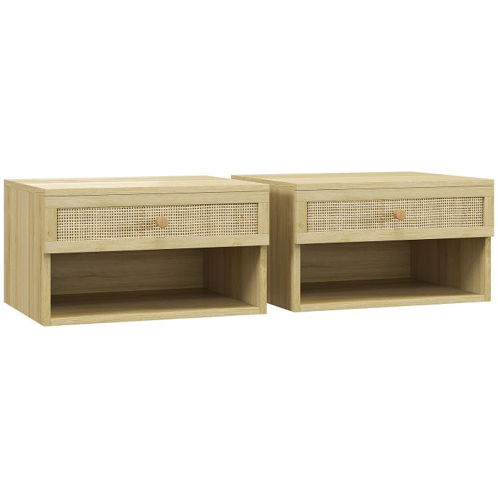 Scott Set of Two Rattan Panel Floating Bedside Tables - Wood-Effect