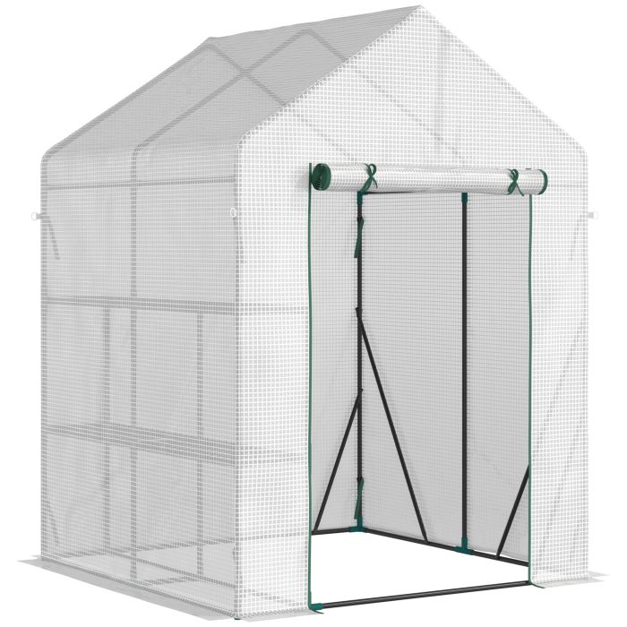 Walk-In Greenhouse Portable Gardening Plant Grow House with 2 Tier Shelf, Roll-Up Zippered Door and PE Cover, 143 x 143 x 195 cm