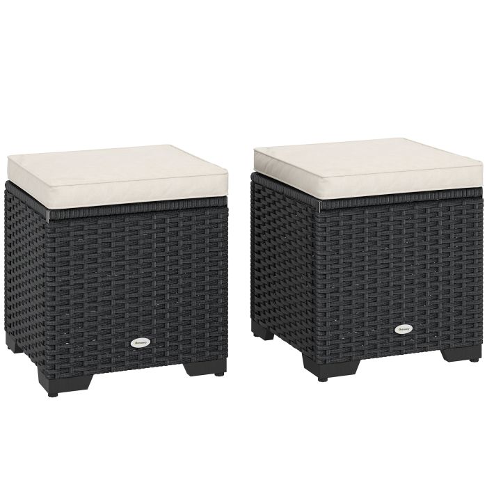 SUNVISTA Set of 2 Rattan Storage Ottoman, Outdoor Footstool with Removable Cushions, Garden Storage Seat for Balcony, Poolside, Living Room, Cream