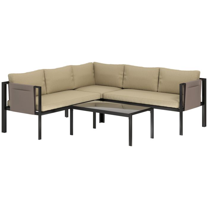 SUNVISTA 5-Seater Garden Corner Sofa Set, Metal Frame, Cushions & Glass Table, Outdoor Patio Set, Khaki
