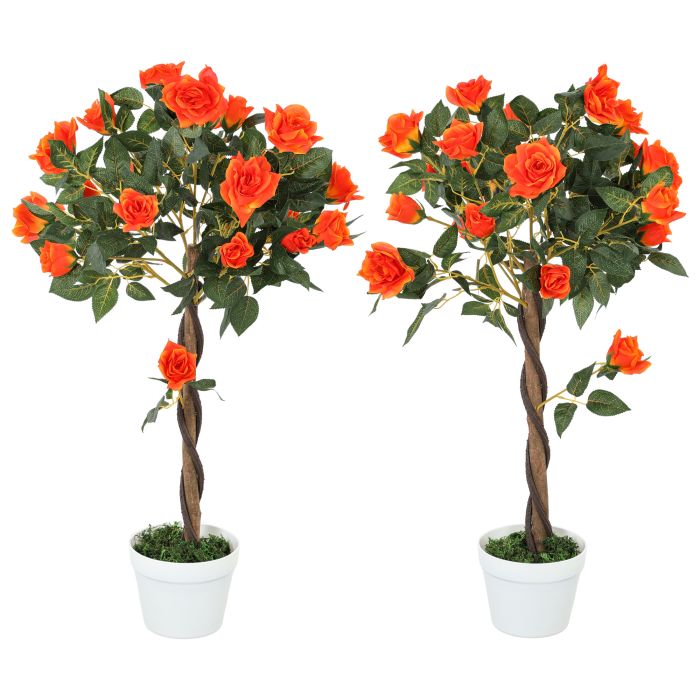 SUNVISTA Set of 2 Artificial Plants White Rose Floral in Pot, Fake Plants for Home Indoor Outdoor Decor, 90cm, Orange